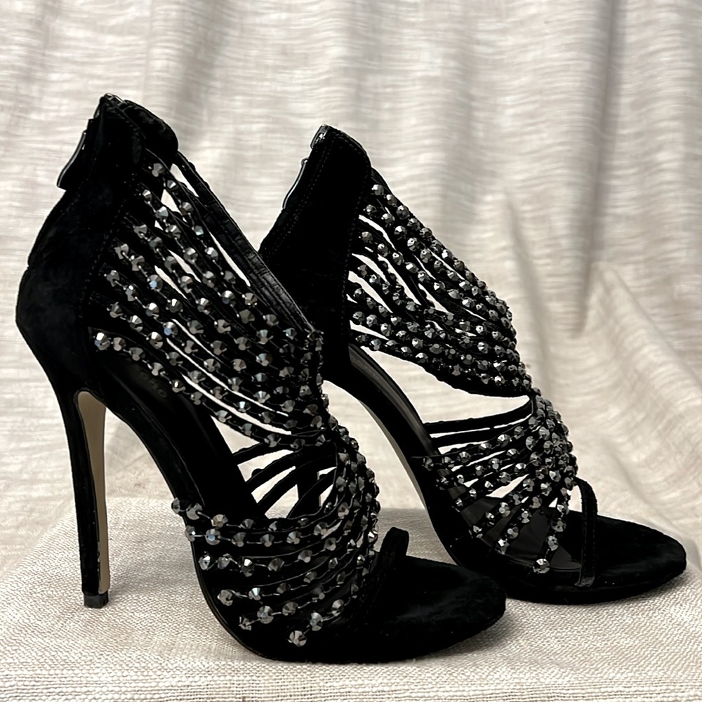 Sexy, sparkly black suede heels with gunmetal colored crystals, size 7.5.